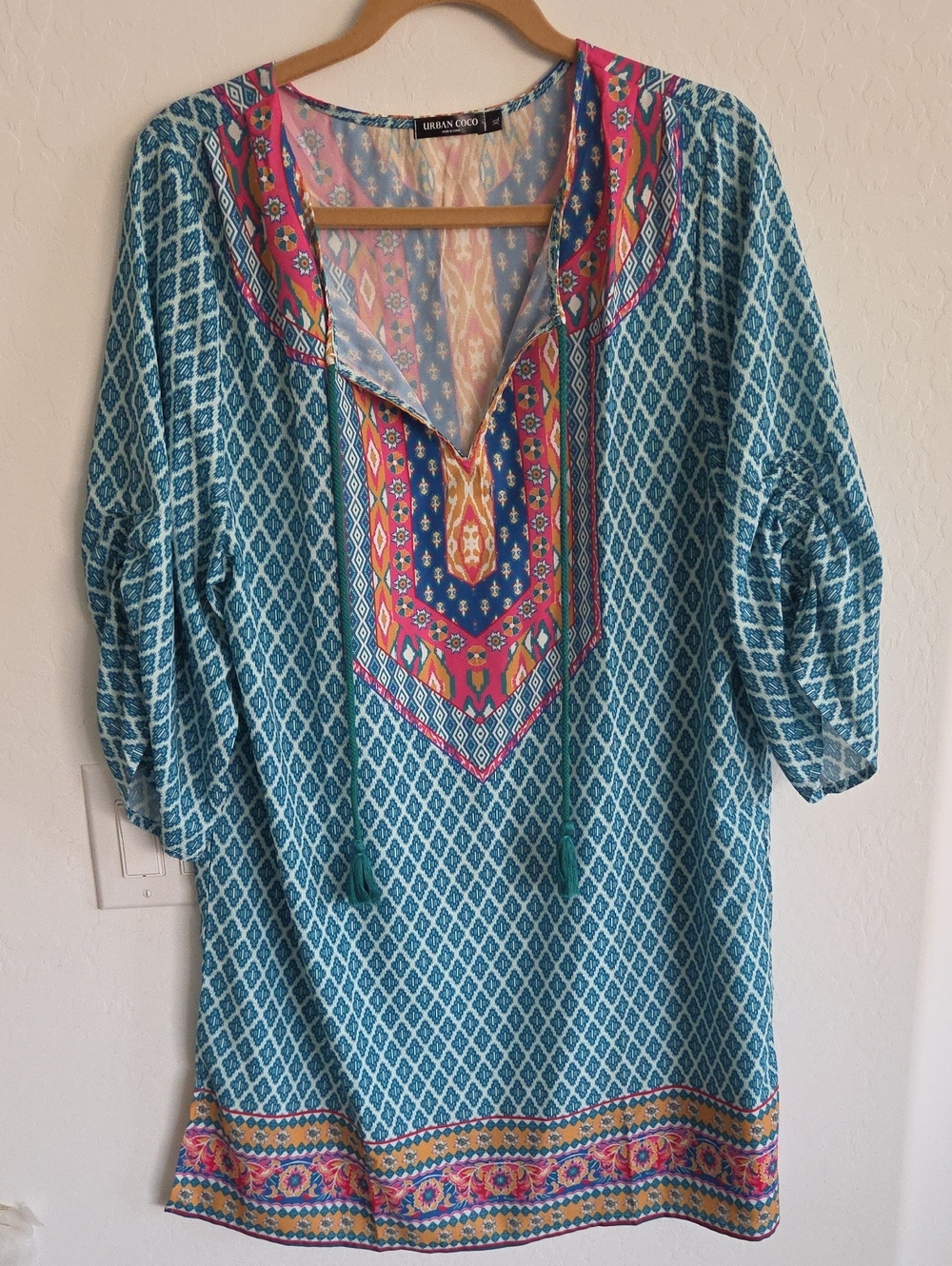 Blue Patterned Boho Tunic Dress